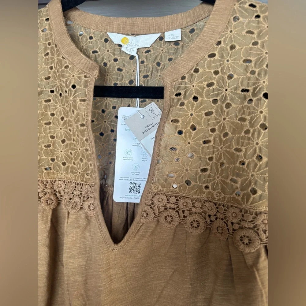 NWT Boden Notch Neck Woven Mix Top Camel Prarie Beige Taupe Eyelet Collar 20/22
